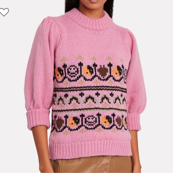 Ganni Hand Knit Pink Wool Puff Sleeve Sweater - Picture 3 of 10